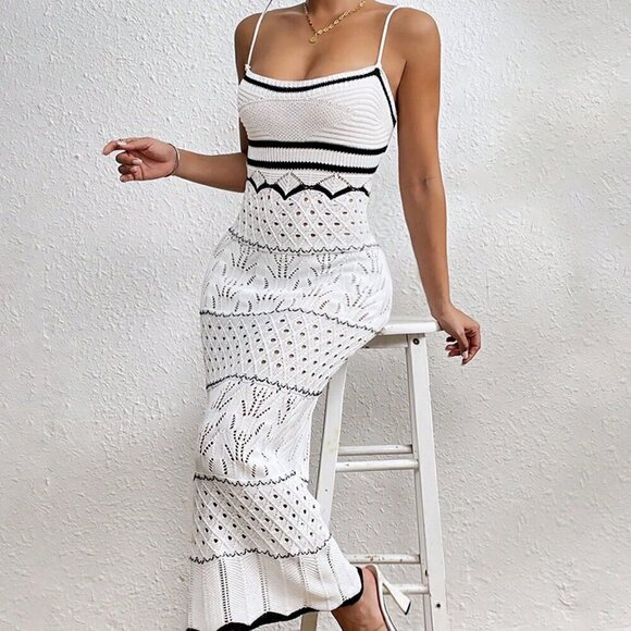 White Elegant Women's Fashionable Color Hollow Out Spaghetti Strap Dress - Picture 1 of 5